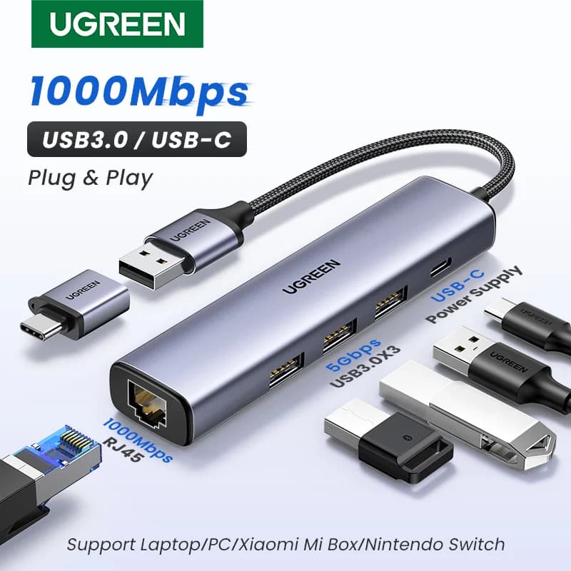 USB-C Ethernet adapter 1000Mbps RJ45 porttal és USB hubbal